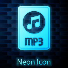 Poster - Glowing neon MP3 file document. Download mp3 button icon isolated on brick wall background. Mp3 music format sign. MP3 file symbol. Vector