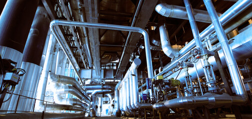 industrial zone, steel pipelines, valves and tanks