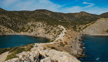 Peninsula in the Black Sea. Crimea, Cape Kopchik. Sea on both sides. High quality photo