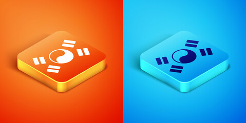 Poster - Isometric South Korea flag icon isolated on orange and blue background. Vector