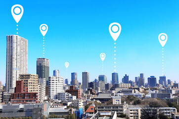 Canvas Print - Network connection concept. Aerial view of Tokyo with location pin