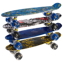 Four Colored Skateboards, With Silicone Wheels And A Plastic Deck, Stand One On Top Of The Other, On A White Background