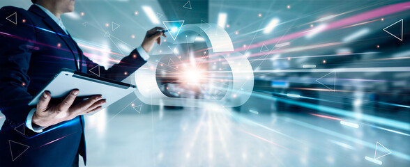 Leinwandbilder - .Businessman touching connect to data information on cloud  computing network and technology of connectivity, Cloud computing and network security concept.