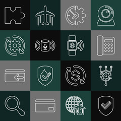 Sticker - Set line Shield with check mark, Algorithm, Telephone, Clock and gear, Voice assistant, Gear arrows workflow, Piece of puzzle and Contactless payment icon. Vector