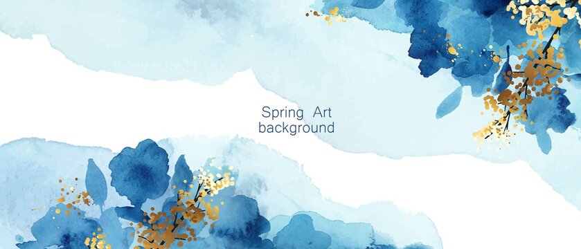 Luxury abstract art botanical composition. Spring minimal design in blue and golden shades.