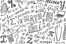 Mathematics Doodle Seamless Pattern. Back To School Hand Drawn Background For Notebook, Not Pad, Sketchbook. Algebra Or Math Subject Design. Education And Study Concept.