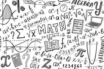 Wall Mural - Mathematics doodle seamless pattern. Back to school hand drawn background for notebook, not pad, sketchbook. Algebra or math subject design. Education and study concept.