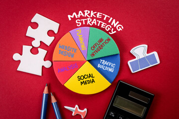 Canvas Print - Marketing Strategy concept. Analysis and planning, office items on a red background