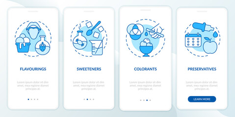 Wall Mural - Food additives blue onboarding mobile app screen. Synthetic and natural walkthrough 4 steps graphic instructions pages with linear concepts. UI, UX, GUI template. Myriad Pro-Bold, Regular fonts used