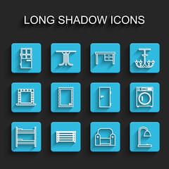 Sticker - Set line Bunk bed, Chest of drawers, Closed door, Armchair, Table lamp, Picture, Washer and icon. Vector