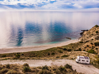 Wall Mural - Rv camper on spanish coast. Aerial view