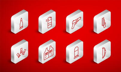 Sticker - Set line Bow, Pepper spray, Pistol or gun, Shotgun, Bullet, Hunting jacket and Cartridges icon. Vector