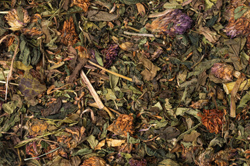 Full frame top view macro shot of dried flowers and herbs