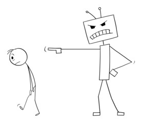 Sticker - Robot or Artificial Intelligence or AI Expelling Human , Vector Cartoon Stick Figure Illustration