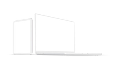 clay laptop and tablet computer mockup with perspective side view, isolated on white background. vec