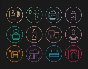 Wall Mural - Set line Bathrobe, Man in the sauna, Cream or lotion cosmetic tube, Spray can for hairspray, Kettle with handle, Cup of tea tea bag, Sauna wood bench and Hair dryer icon. Vector