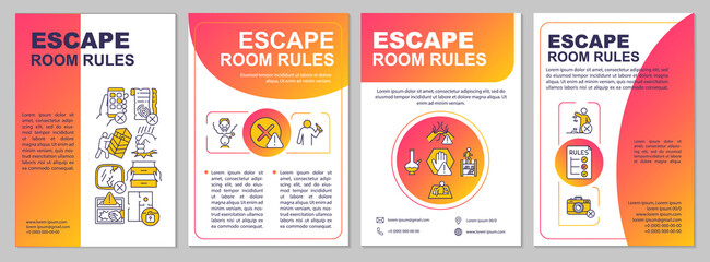 Escape room safety regulations red gradient brochure template. Leaflet design with linear icons. 4 vector layouts for presentation, annual reports. Arial, Myriad Pro-Regular fonts used