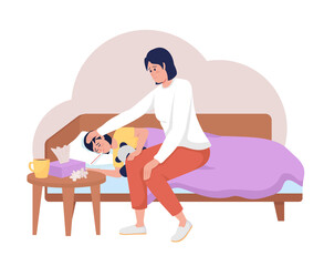 Sticker - Kid with influenza 2D vector isolated illustration. Mom taking care of daughter with fever flat characters on cartoon background. Everyday situation and common tasks colourful scene