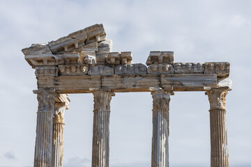 An antique ruined city of columns.Ruin. View of the ancient city in Side, Turkey.