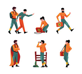 Poster - Rescue service. Emergency saving lifeguard characters paramedic rescue occupation garish vector characters in action poses