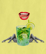 © master1305 - Huge mojito cocktail glass and female slender legs and open mouth isolated on yellow background. Contemporary bright art collage. Surrealism