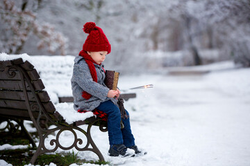 Poster - Beautiful toddler child, cute boy, playing in snowy park winter time