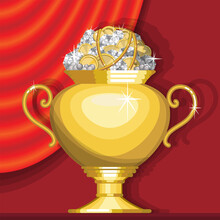 A Large Golden Vase With Diamonds, Pearls And Other Treasures On A Background Of Red Drapery. Vector Illustration