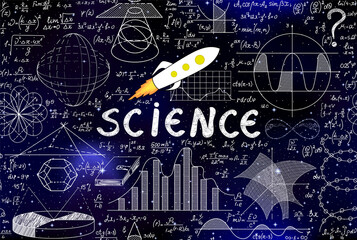 Wall Mural - math and physics scientific vector seamless pattern with handwritten figures, rocket image and the w