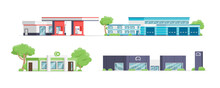 Collection Modern Building City Customer Service Shop Isometric Vector Illustration. Set Of Town Street Facade Pharmacy, Fuel Gas Station, Car Washing, Automobile Retail Salon With Summer Garden Park