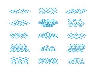 Wall Mural - Line sea wave. Water waves, river sea or ocean icons. Isolated simple liquid elements. Abstract beach symbols, tidy ripple decorative vector collection