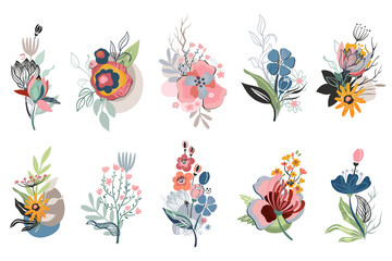Wall Mural - Vector collection of hand drawn compositions with flowers