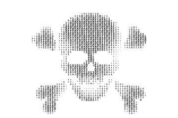 Canvas Print - skull with bones in binary code stream on black background.concept of hacker attack, cyber piracy.