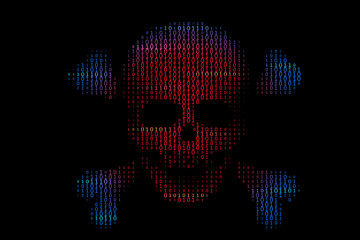 Wall Mural - skull with bones in binary code stream on black background.concept of hacker attack, cyber piracy.
