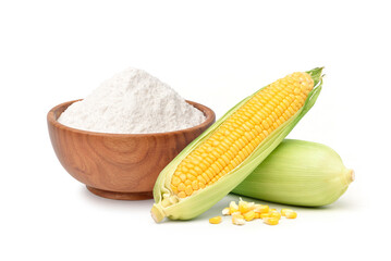 corn starch in wooden bowl with fresh corn isolated on white background.