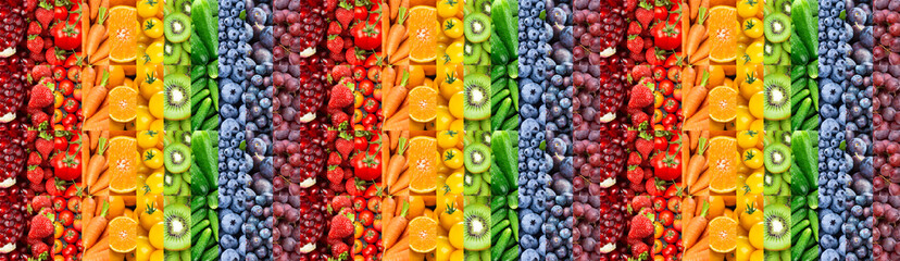 Wall Mural - Fruits, vegetables and berries. Background of mixed ripe food. Healthy food. Vitamins