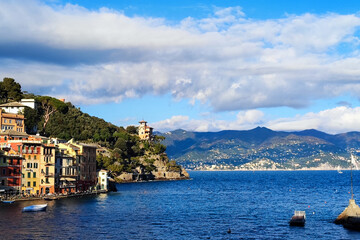 Wall Mural - Portofino pictoresque village Italy colorful buildings villas panorama