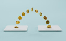Golden Coins Moving Between Mobile Phone For Money Transfer And Internet Mobile Banking Or Electronic Transaction Concept By 3d Render.
