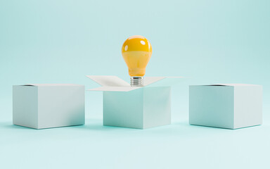 Wall Mural - Yellow lightbulb inside of open white box between two close boxes on blue background for creative thinking idea concept by 3d render.