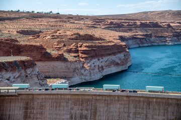 Poster - GLEN CANYON, ARIZONA - JUNE 26, 2018: Lake Powell and Glen Canyon Dam in the Desert of Arizona.