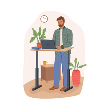 Office or home workplace, comfortable furniture for working at computer or laptop. Vector adjustable desk allowing to stand and type in info. Ergonomics improving health. Flat cartoon style character