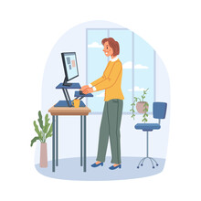 Ergonomics and comfortable space at home or office, quality furniture for employees. Vector adjustable desk and chair. Woman standing and typing, relief for spine and back. Flat cartoon character