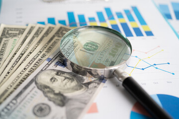 Magnifying glass on charts graphs paper. Financial development, Banking Account, Statistics, Investment Analytic research data economy, Stock exchange trading, Business office company meeting concept.