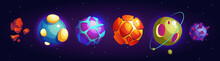 Fantasy Celestial Bodies, Fictional Planets From Outer Space And Distant Galaxies Universes Set. Vector World And Globes With Cracked Surface, Spikes And Magma Or Lava Fire And Flame Illustration