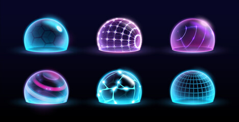 safe and protected hemispheres set, isolated neon spheres with grid and mesh. vector protection and 