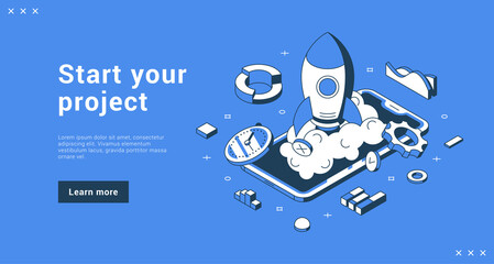 Wall Mural - start your project isometric internet banner landing page with place for text vector illustration. o