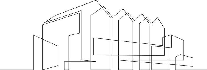 One continuous line.Continuous line drawing.Modern minimalist home. Residential city house. Architectural concept of the building.Line Art isolated white background.