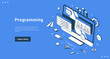 © Виктория Суханова - Programming professional service website software development with computer monitor workflow internet banner landing page isometric vector illustration. Coding web digital optimization user interface