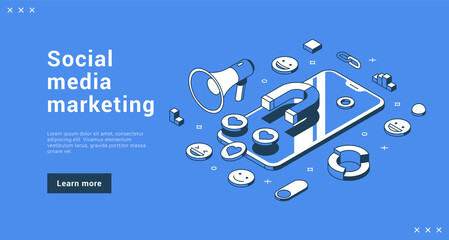 Wall Mural - social media marketing promo seo optimization service internet banner landing page isometric vector 