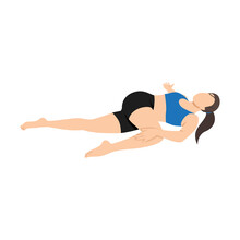 Woman Doing Supta Matsyendrasana Supine Spinal Twist Pose Exercise. Flat Vector Illustration Isolated On White Background