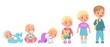 Baby boy growing up process. Cute newborn age changes. From infant to pupil. Toddler and junior in initial stages of development. Infancy and childhood. Vector human growth steps set